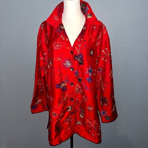 Chico's Tops - Chico's Design 100%  Raw Silk Red Embroidered Jacket Blouse Shacket EUC  Size 3